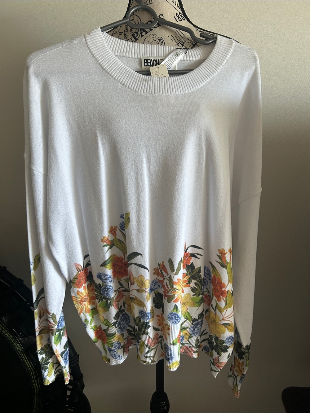 Beach Riot White Crewneck Sweater with Multicolor Floral Border